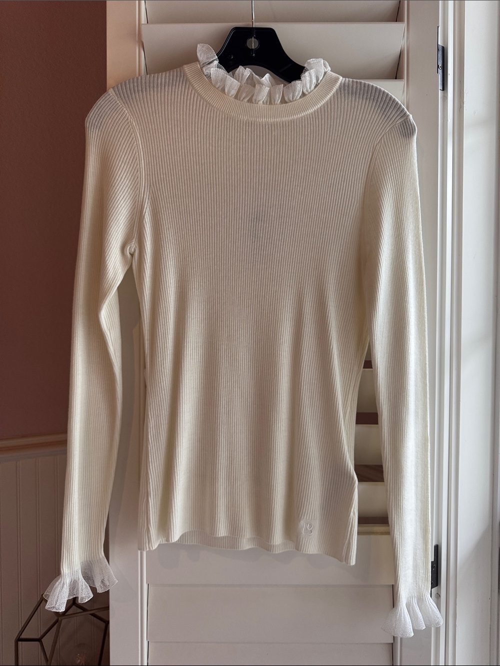 Ted Baker London Cream Ribbed Long-Sleeve Top with Ruffle Trim